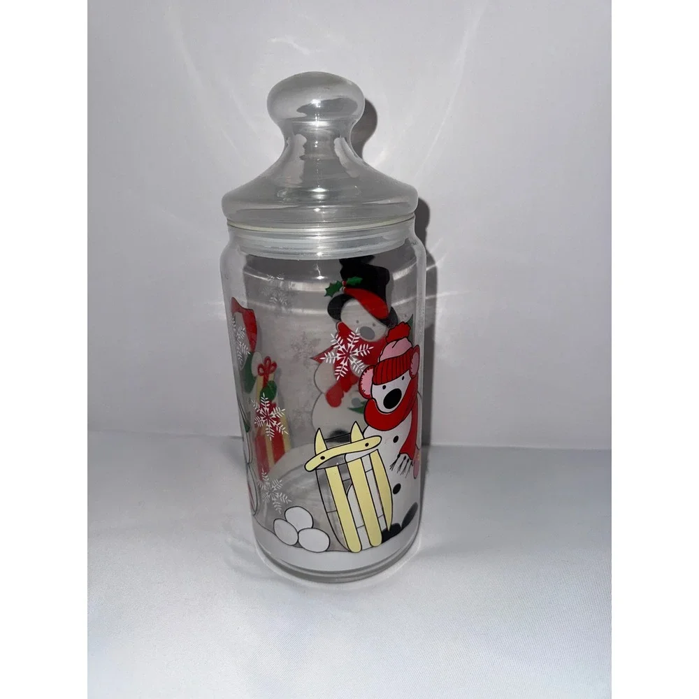 Christmas Holiday Glass Apothecary Jar Polar Bear Snowman Candy Cookie Canister